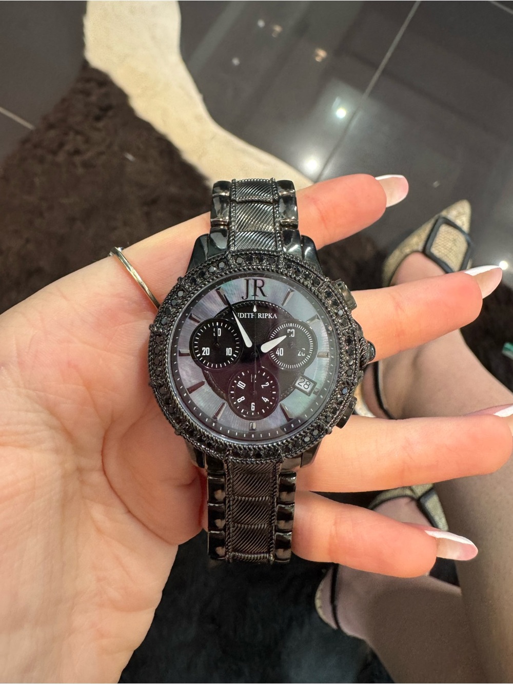 New Judith Ripka Black Chronograph Watch Black MOP Crystal Bezel